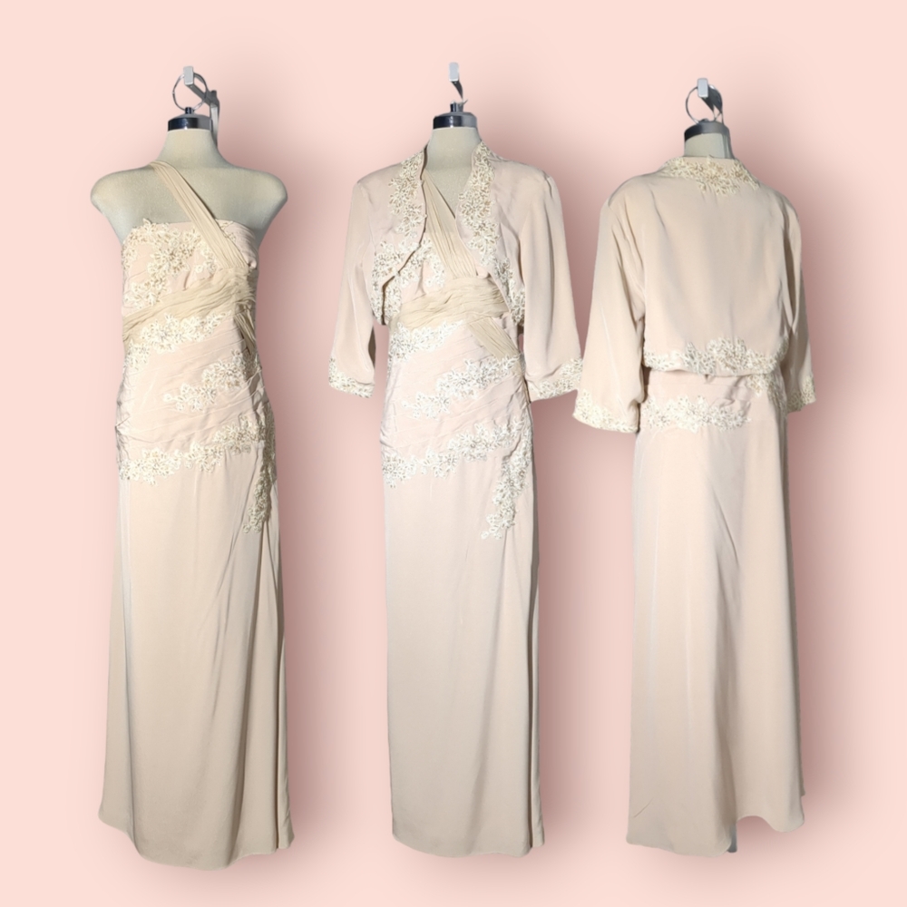 UNIQUE Couture Beige Embellished Two Pieces Formal Maxi Dress Size 16